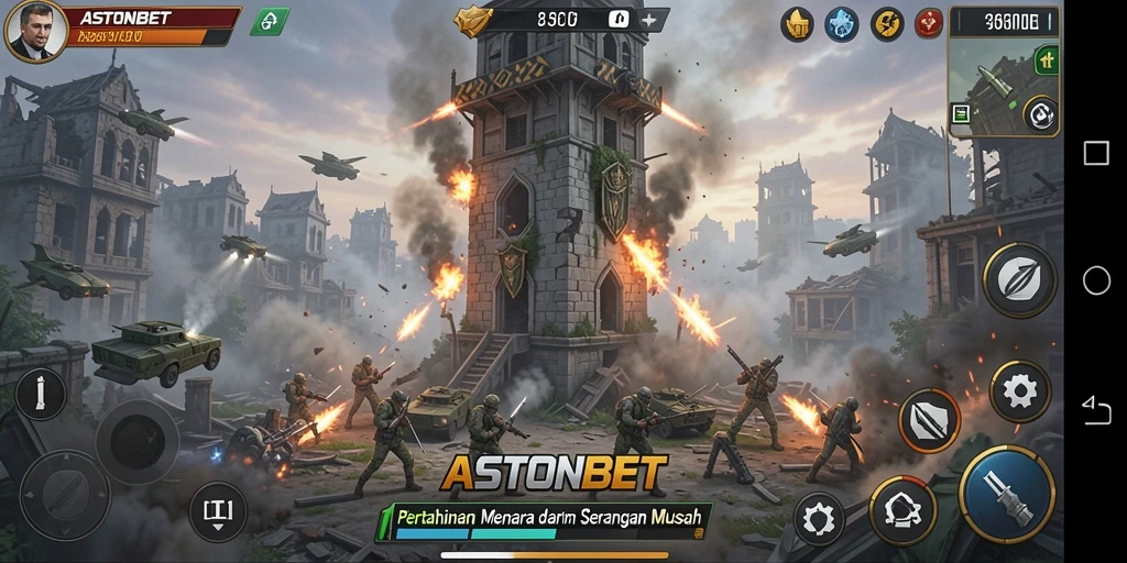 Screenshot utama ASTONBET menampilkan serangan musuh dan pertahanan menara.
