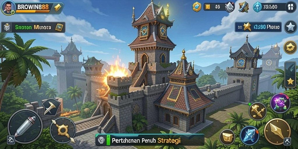 Tangkapan layar BROWIN88 menunjukkan aksi menara dalam pertempuran Tower Defense.