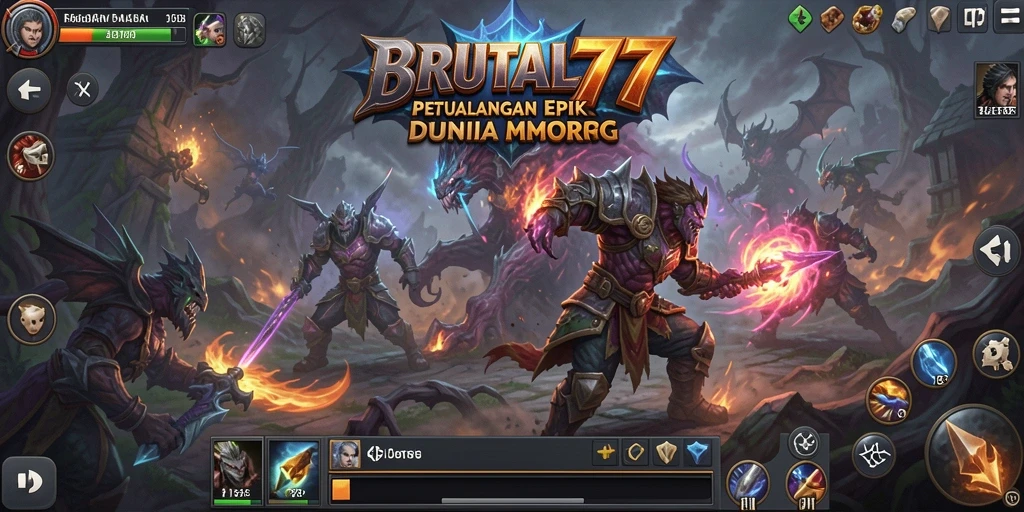 Tangkapan layar gameplay BRUTAL77 yang menunjukkan karakter bertarung di dunia fantastis.
