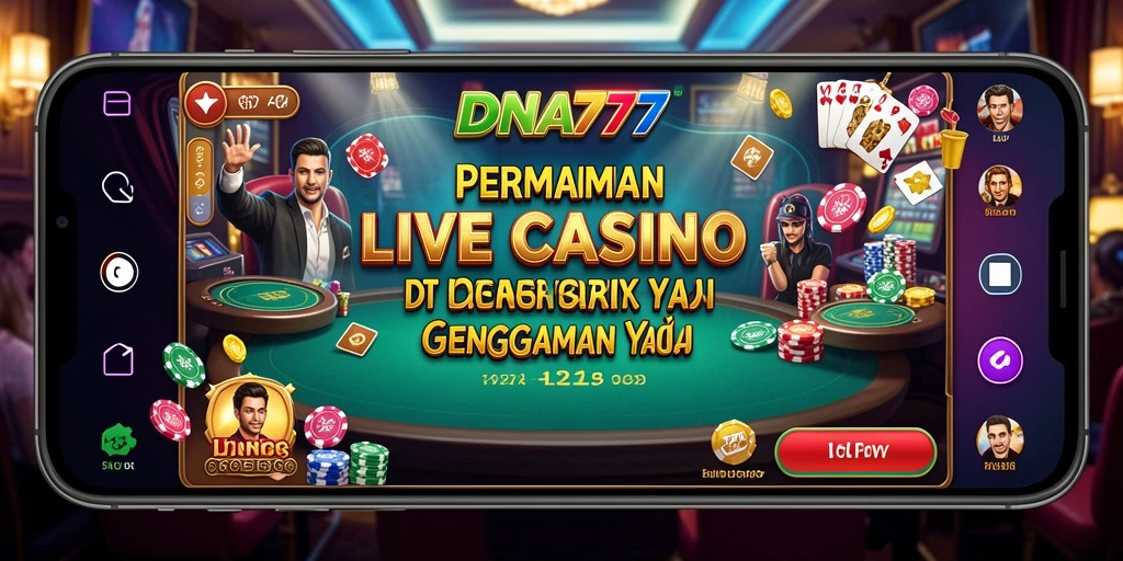 Screenshot gameplay DNA777 dengan dealer dan meja permainan Live Casino.
