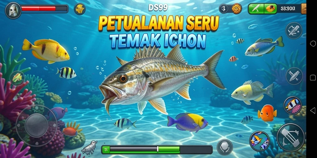 Screenshot dari gameplay DS99 yang menunjukkan aksi Tembak Ikan yang seru.