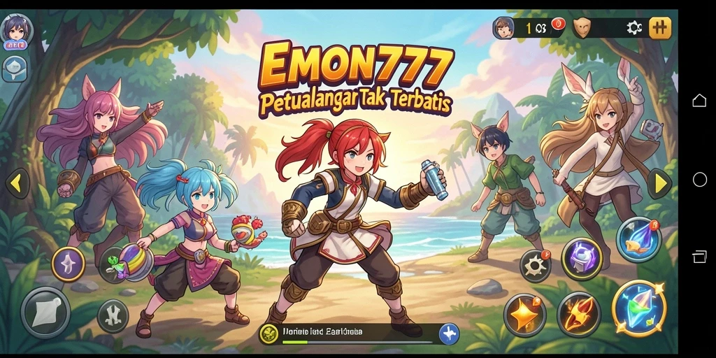 Screenshot gameplay EMON777 dengan karakter anime yang beraksi.