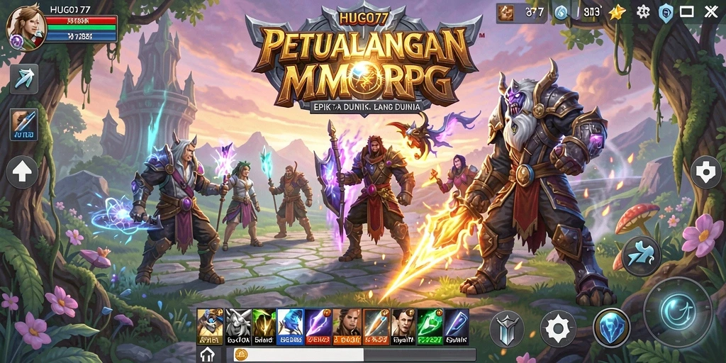 Tangkapan layar HUGO77 menunjukkan aksi bermain MMORPG yang intens.