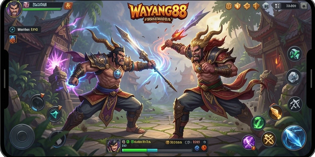 Screenshot utama WAYANG88 menunjukkan aksi pertarungan MOBA yang intens.