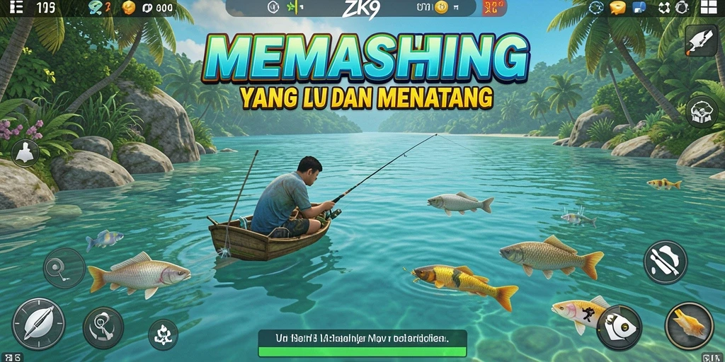 Tampilan gameplay ZK9 dengan pemandangan memancing yang indah.